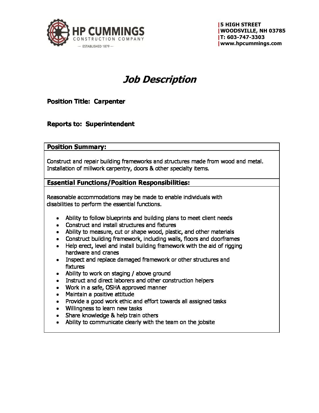 Job Description – Carpenter