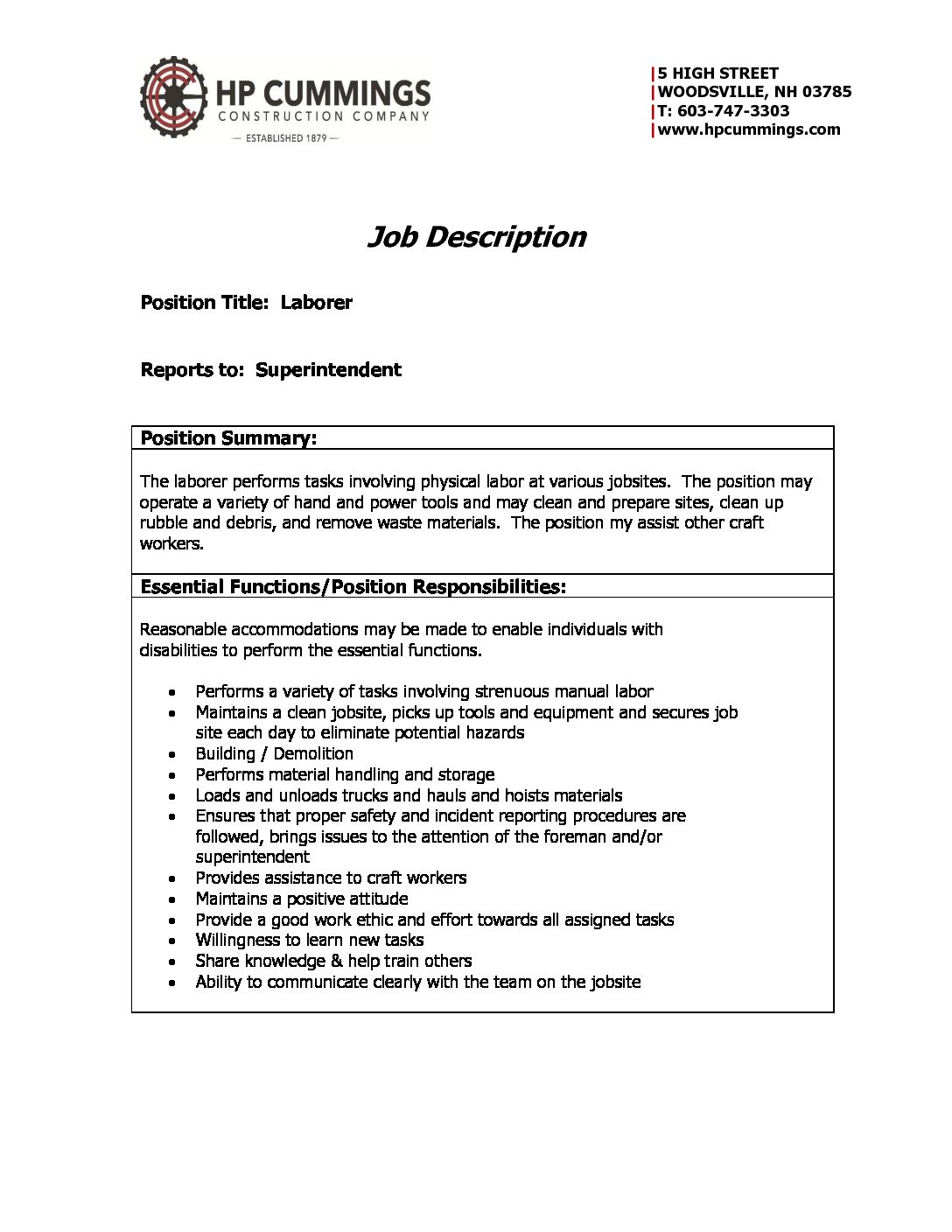 Job Description – Laborer